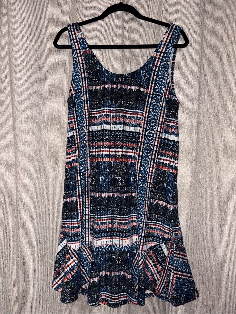 Puella Sleeveless ruffle above knee Dress in Navy Red Geometric Print Goldentote